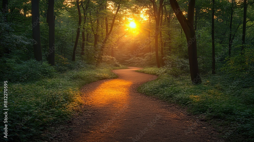 Fototapeta premium Sunlit Forest Pathway at Golden Hour with Dappled Light