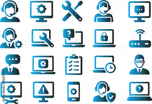 Collection of Computer Tech Support and Troubleshooting Icons A Comprehensive Visual Guide to IT Services and Helpdesk Solutions