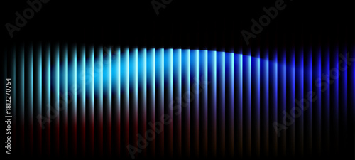 Ribbed neon glass 3d background with vertical striped texture, bright red blue gradient. Luminous transparent surface with lighting effect.