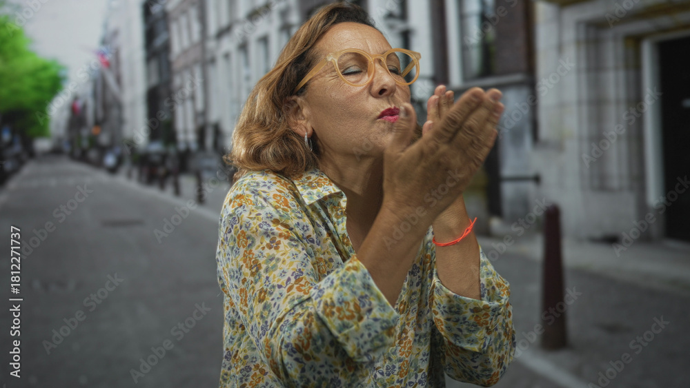 Fototapeta premium Woman blowing kiss with cupped hands on street, wearing glasses and floral shirt, palms visible and lips puckered; affection connection.
