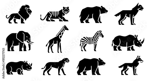 Stunning black and white animal icons representing diverse wildlife species