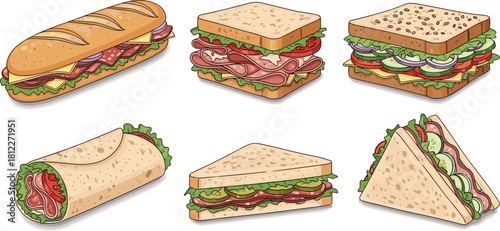 Vector set of assorted sandwiches and wraps, submarine, triangle toast, baguette, fresh deli food collection, fast food snacks, isolated illustration.