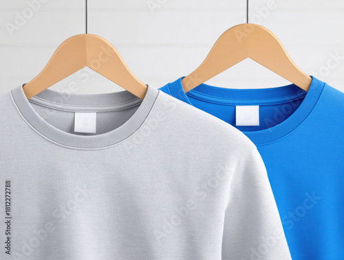 Two hanging sweatshirts in gray and blue colors displayed on wooden hangers, showcasing fabric textures and design details, ideal for fashion and apparel marketing concepts