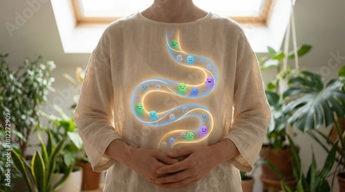 Human Gut Microbiome, a Scientific Diagram Illustrating Internal Biological System Wellness and Support