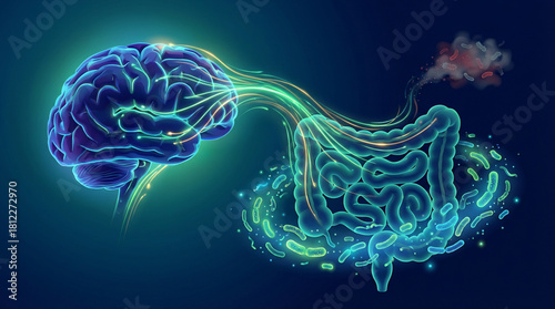 Exploring the Human Brain Gut Microbiome System, a Scientific 3D Diagram Illustrating Biological Communication and Wellness