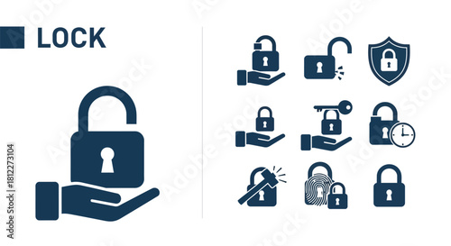 Vector illustration of collection of lock icons in dark blue isolated on