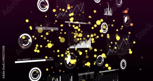 Particles drifting right to left starting pan, data panels pulsing, revealing charts showing depth