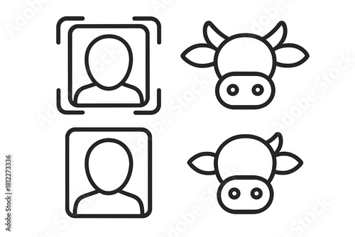 Biometric face recognition and cow head icons for digital interface design