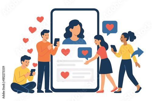 Group of diverse people interacting with a large mobile screen, sending likes and sharing content on social media