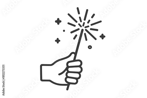 Simple black and white line art of a hand holding a sparkling magic wand or festive celebratory sparkler