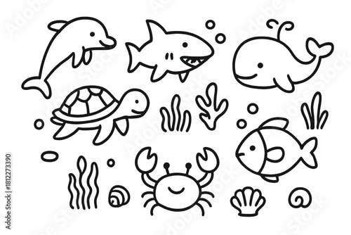 Outline drawing of cute ocean animals set featuring dolphin shark whale turtle and crab