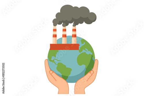 Hands holding the polluted Earth with factory smokestacks emitting dark smoke