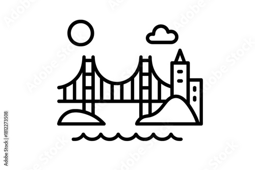 Iconic suspension bridge structure connecting land masses with urban buildings and water view