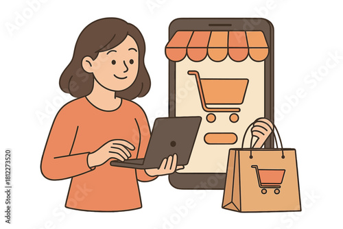 Smiling woman making online purchases using laptop and mobile shopping application