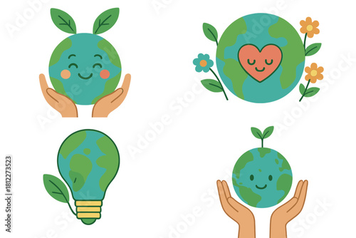 Adorable cartoon Earth characters and eco symbols for global sustainability and nature protection