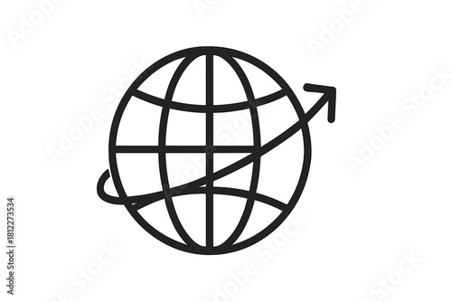 Minimalist black line design showing global network connectivity and travel direction
