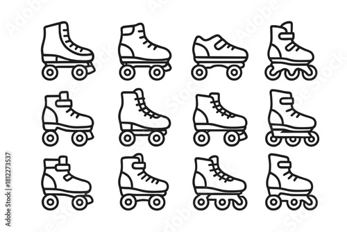 Set of various roller skates and inline skates in black outline graphic style