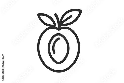 Minimalist black line drawing of a cross section of a stone fruit with leaves