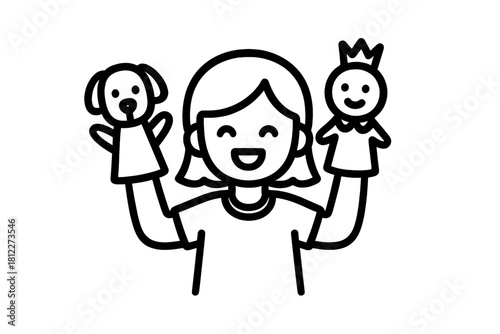 Happy person performing a puppet show with dog and royal character puppets