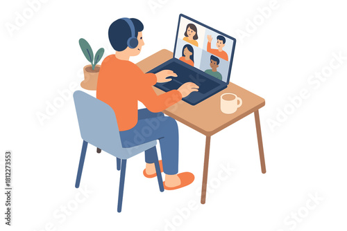 Remote worker attending a video conference call with colleagues using a laptop and headphones