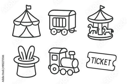 Classic circus and carnival entertainment elements in outline style