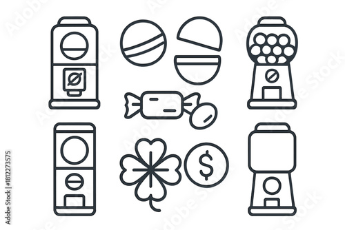 Vending machine, gumball, candy, capsule, and lucky symbol outline icons