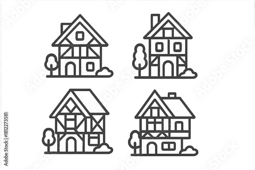Four traditional European half-timbered houses outlines featuring minimal trees and bushes