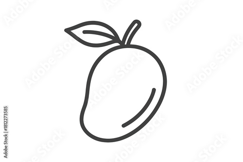 Minimalist black and white outline drawing of a whole mango fruit with a small leaf and stem