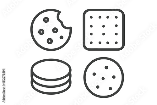 Simple outline icons representing various sweet cookies, chocolate chip biscuits, and savory crackers for food menus and apps
