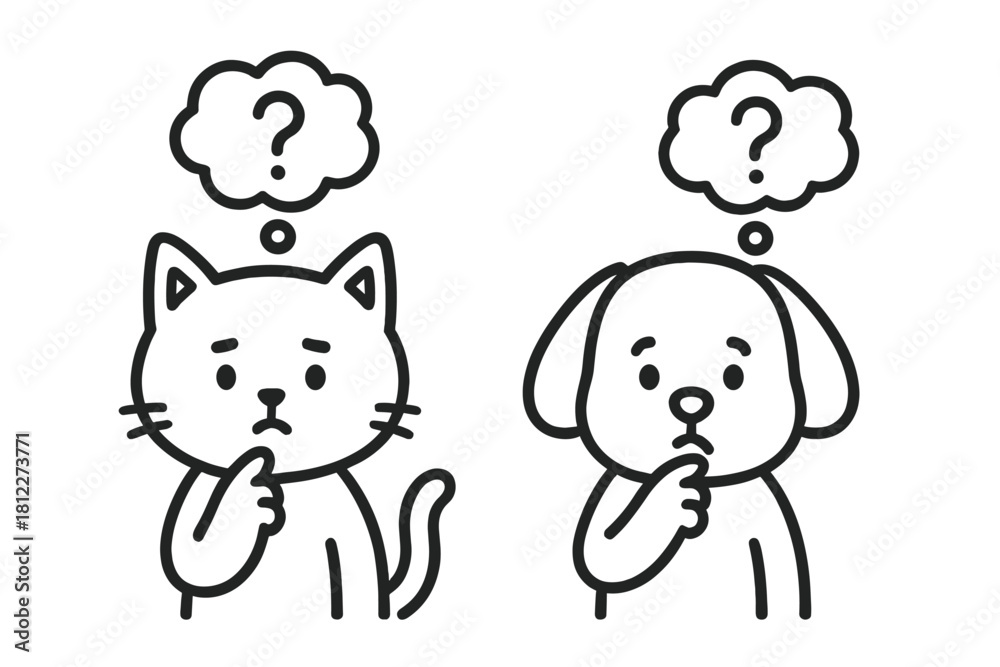 Naklejka premium Adorable cat and dog characters looking puzzled with thought bubbles