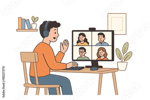 Young man attending an online video conference meeting while working remotely