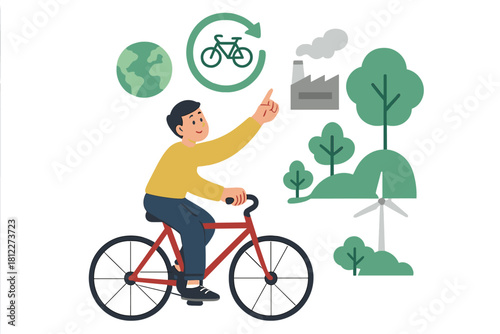 Man cycling toward renewable energy symbols promoting environmental sustainability