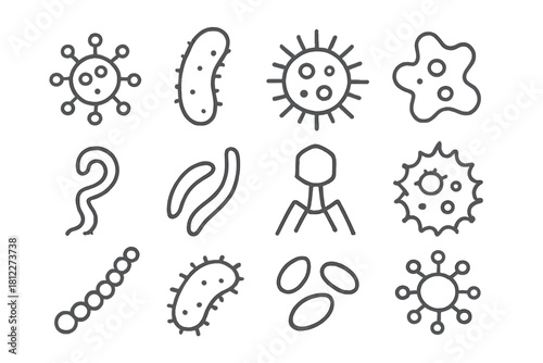 Set of simple outline icons depicting bacteria, viruses, and microscopic pathogens
