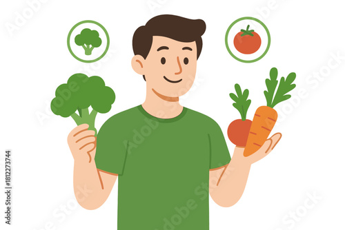 Smiling person holding fresh broccoli and carrots promoting healthy lifestyle and nutrition