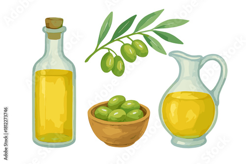 Fresh green olives, olive branch, and golden oil in glass bottle and pitcher