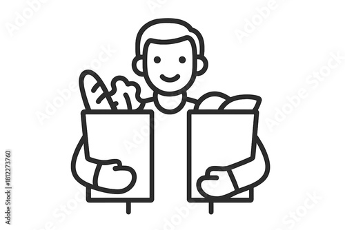 Happy customer holding two bags of fresh groceries after visiting the supermarket