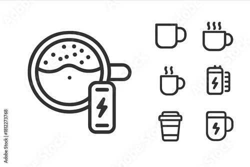 Set of coffee and energy drink symbols featuring mugs, cups, and power elements