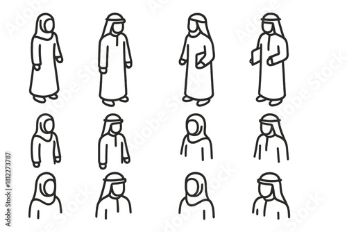 Minimalist outline icons of diverse Arab people in traditional Middle Eastern clothing