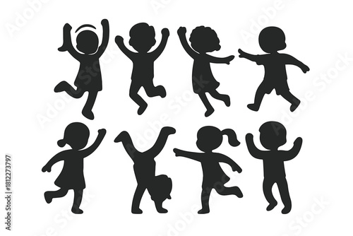 Set of happy children silhouettes jumping, running, and playing in various active poses