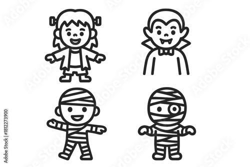 Cute Halloween monster characters set including Frankenstein, Dracula, and mummies in outline style