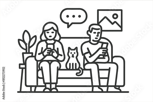 Man and woman sitting on couch absorbed in mobile phones next to pet cat