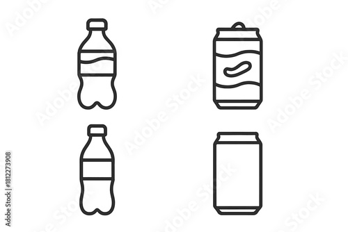 Set of outline icons representing various shapes of plastic bottles and aluminum drink cans