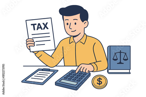 Man calculating taxes and reviewing financial documents with calculator and law book