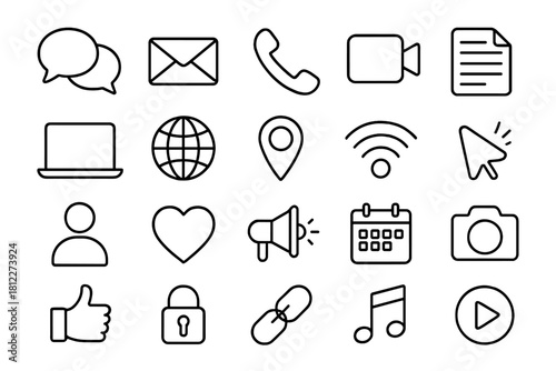 Modern outline symbols for digital communication, internet, and social media technology