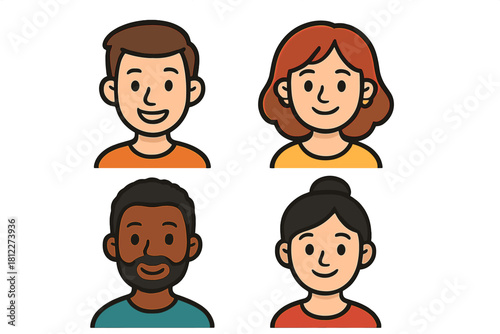 Four diverse smiling young adult cartoon avatars representing various ethnicities and genders