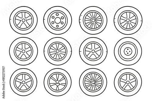 Hand drawn collection of automobile wheels, tires, and rims with various designs