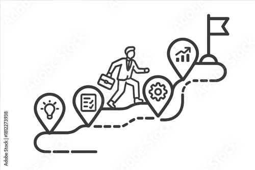 Businessman walking uphill on a winding path toward a goal flag marked by business process milestones