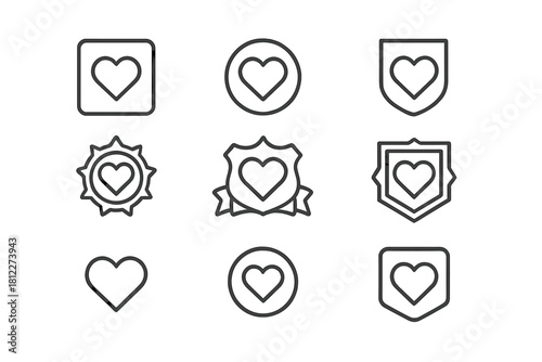 Outline icons featuring heart shapes enclosed in shields, circles, squares, and badges