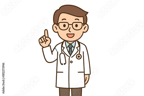 Smiling male doctor in white coat and glasses pointing index finger up for advice