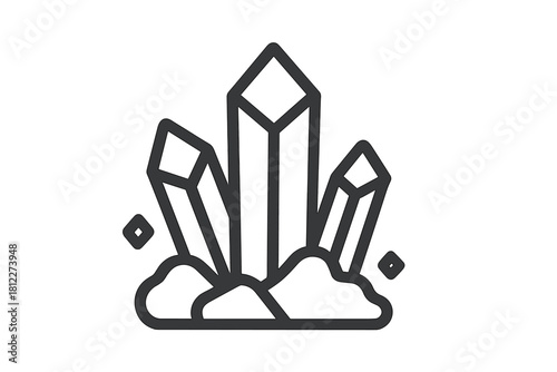 Minimalist black and white cluster of natural quartz crystals or gemstones emerging from the ground